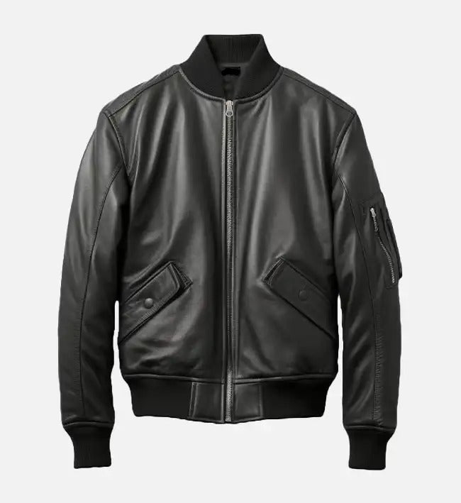 Men’s Black Leather Bomber Jacket.
