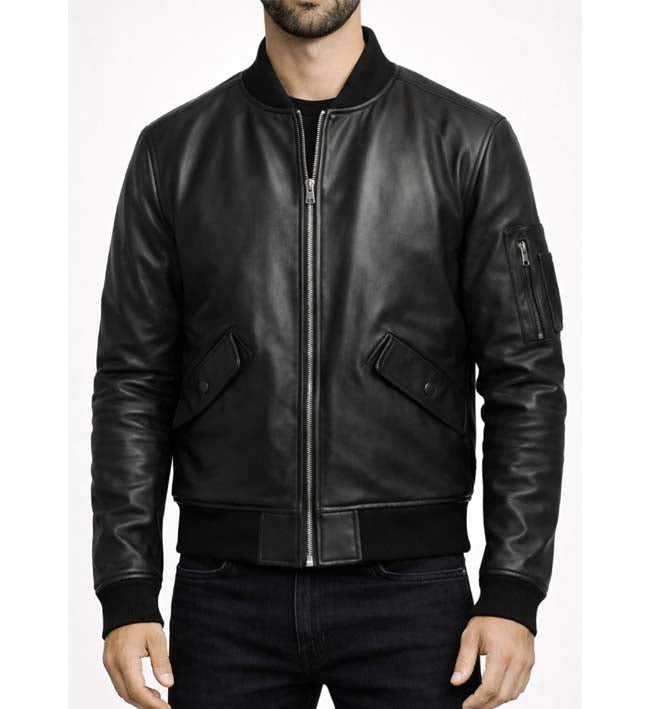 Men’s Black Leather Bomber Jacket.