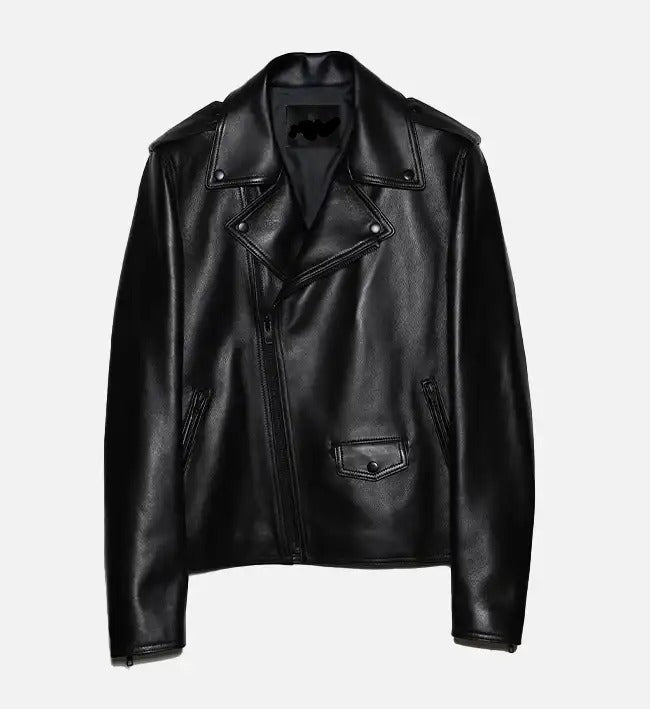 Men’s All Black Zipper Biker Leather Jacket.