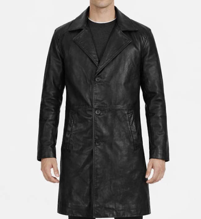 Men’s Black Asymmetrical Leather Long Coat.