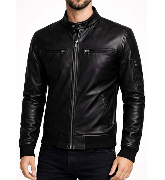 Men’s Black Biker Bomber Leather Jacket.