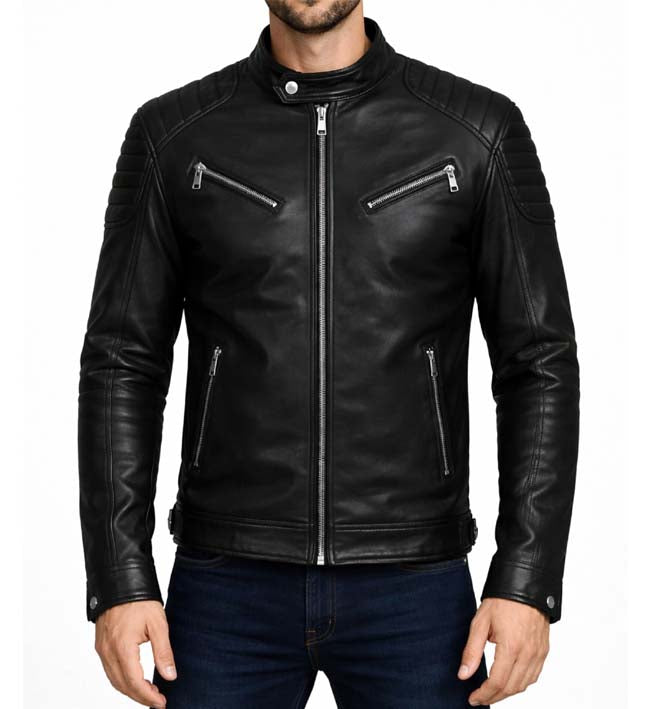 Men’s Black Café Racer Biker Leather Jacket.