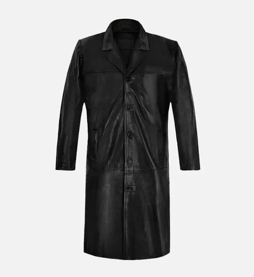 Men’s Black Leather Long Trench Coat.