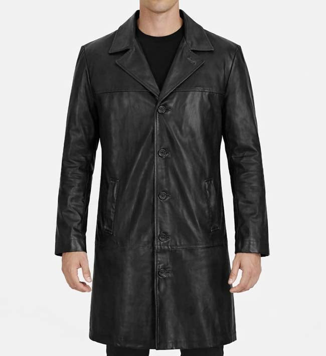 Men’s Black Leather Long Trench Coat.