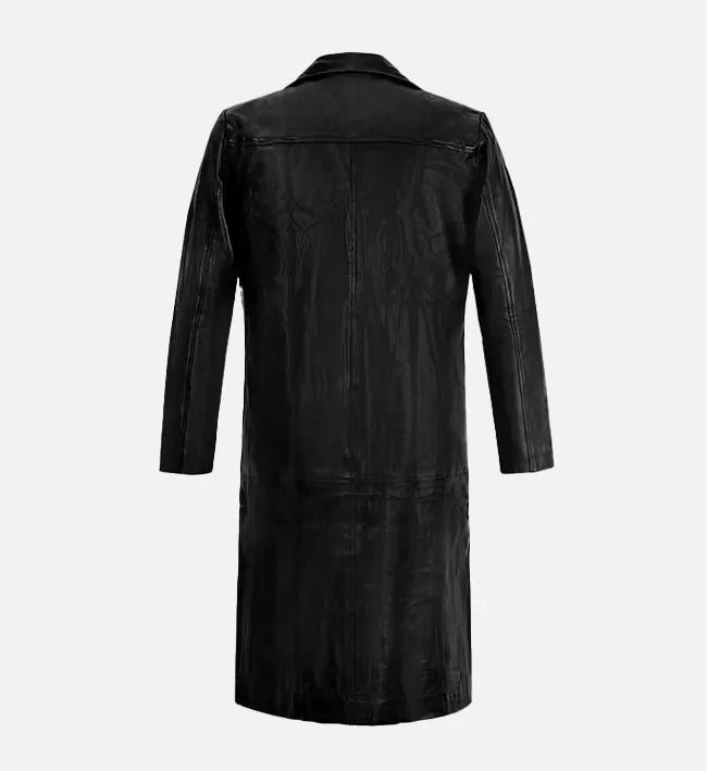 Men’s Black Leather Long Trench Coat.