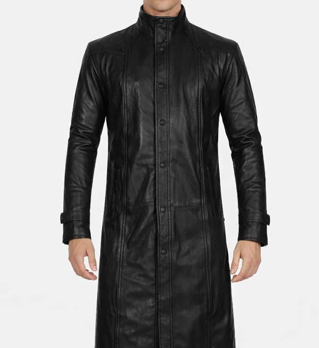 Men’s Black Leather Trench Coat.