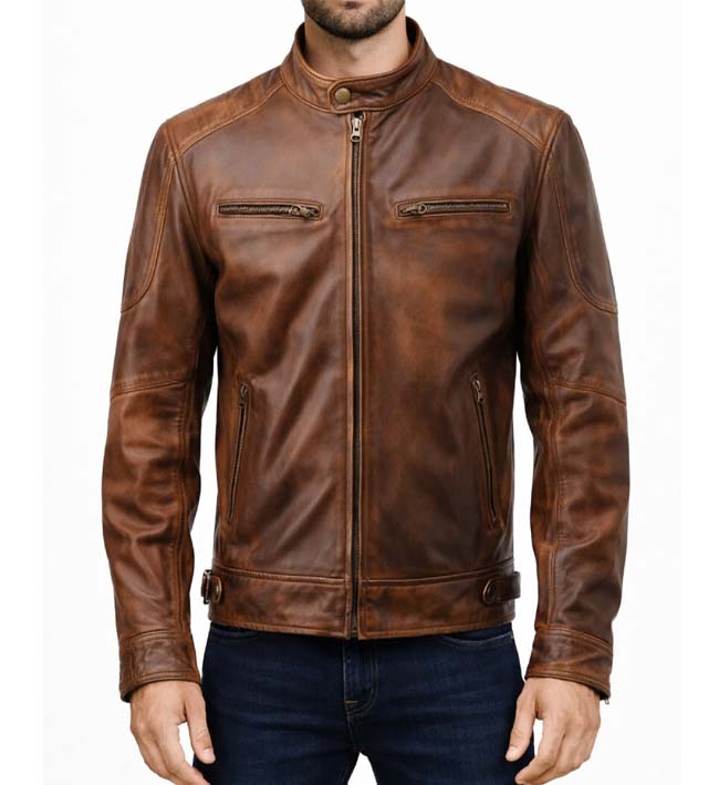 Men’s Distressed Brown Cafe Racer Leather Jacket.