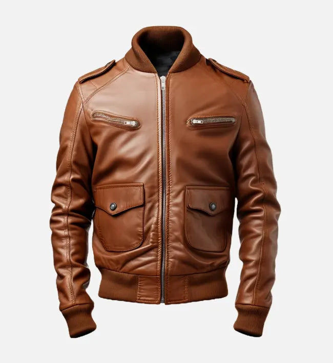 Men’s Brown Leather Strap Pocket Bomber Jacket.