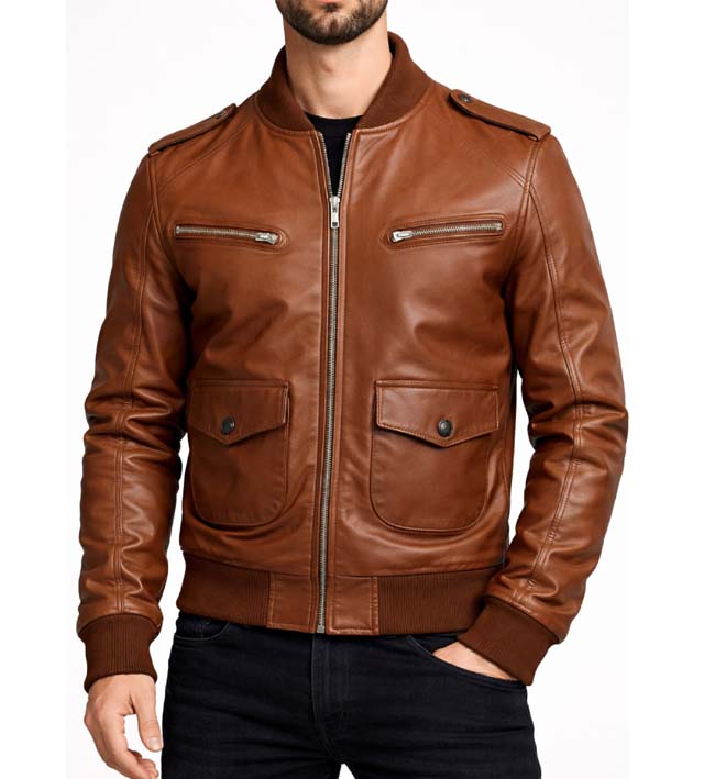 Men’s Brown Leather Strap Pocket Bomber Jacket.