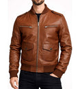 Men’s Brown Leather Strap Pocket Bomber Jacket.
