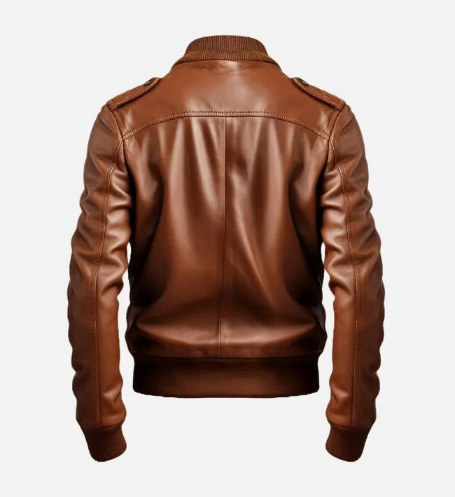 Men’s Brown Leather Strap Pocket Bomber Jacket.