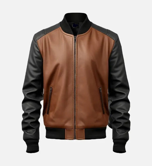 Men’s Brown and Black Leather Bomber Jacket.