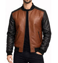 Men’s Brown and Black Leather Bomber Jacket.