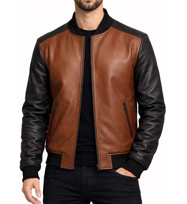 Men’s Brown and Black Leather Bomber Jacket.