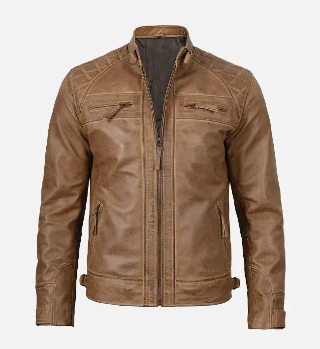 Men’s Camel Brown Cafe Racer Leather Jacket.