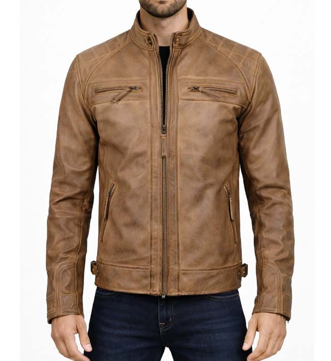 Men’s Camel Brown Cafe Racer Leather Jacket.
