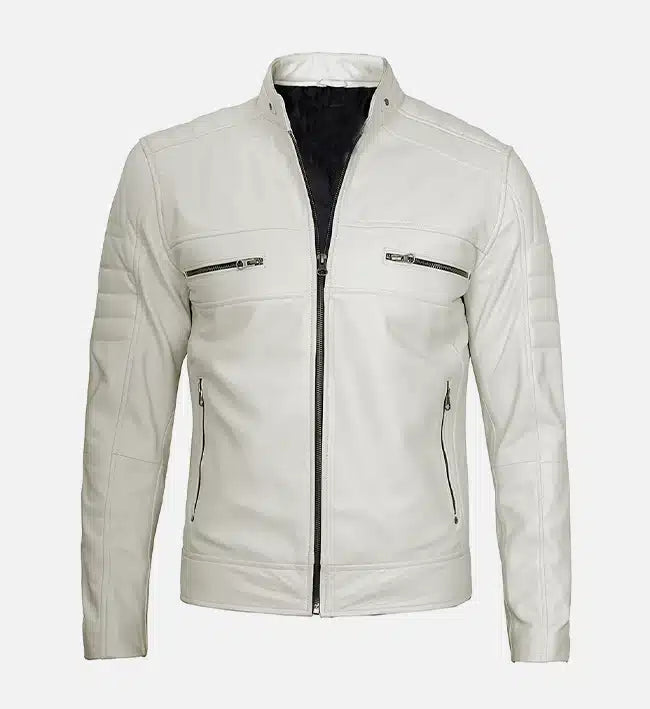 Men’s White Cafe Racer Leather Jacket.