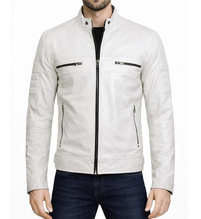 Men’s White Cafe Racer Leather Jacket.