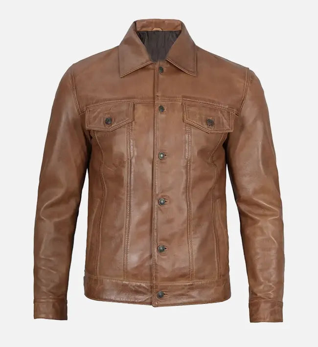 Men’s Camel Brown Leather Trucker Jacket.