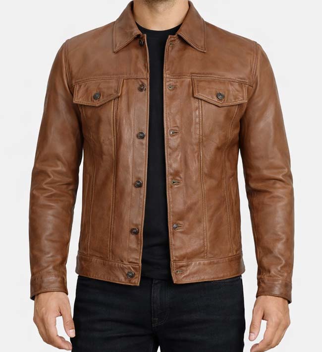 Men’s Camel Brown Leather Trucker Jacket.