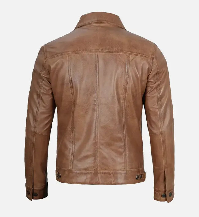 Men’s Camel Brown Leather Trucker Jacket.