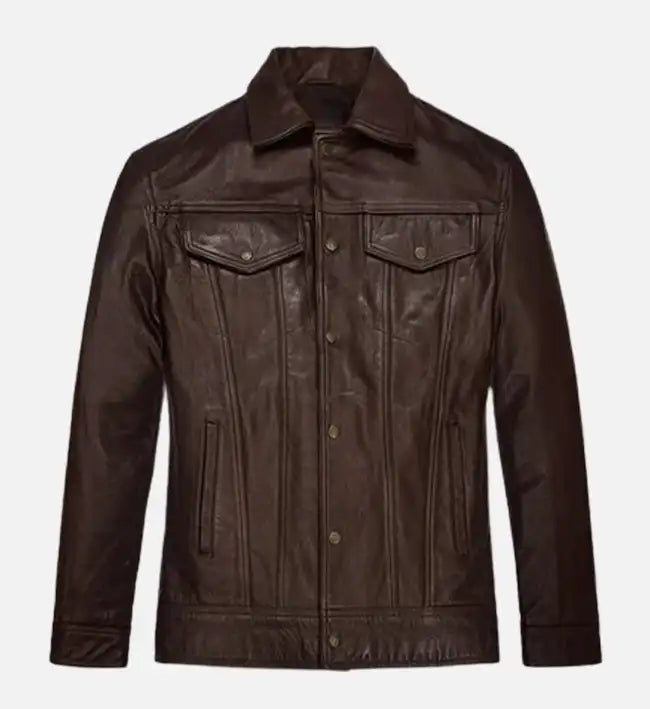 Men’s Chocolate Brown Leather Trucker Jacket.