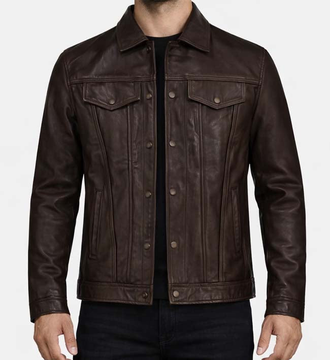 Men’s Chocolate Brown Leather Trucker Jacket.