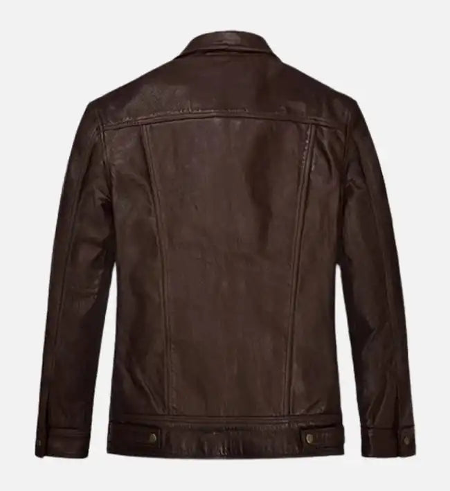 Men’s Chocolate Brown Leather Trucker Jacket.