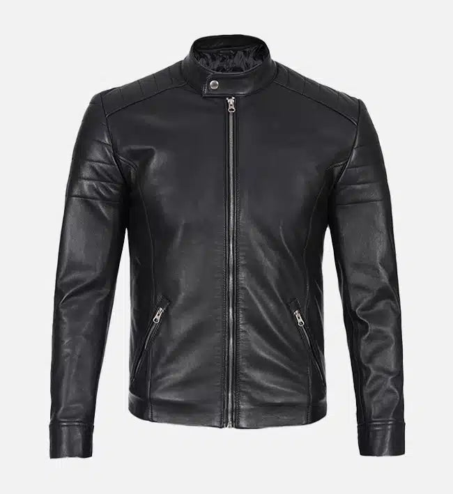 Men’s Classic Black Cafe Racer Leather Jacket.