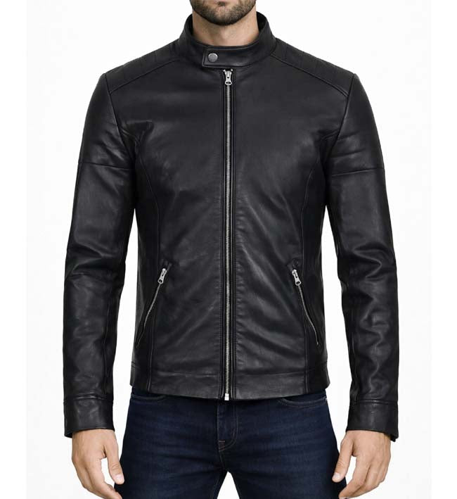 Men’s Classic Black Cafe Racer Leather Jacket.