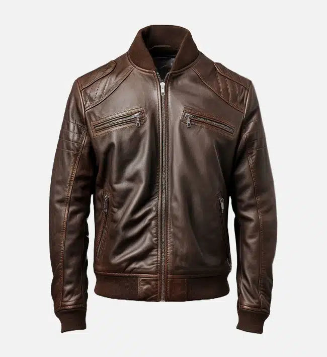 Men’s Dark Brown Leather Bomber Jacket.