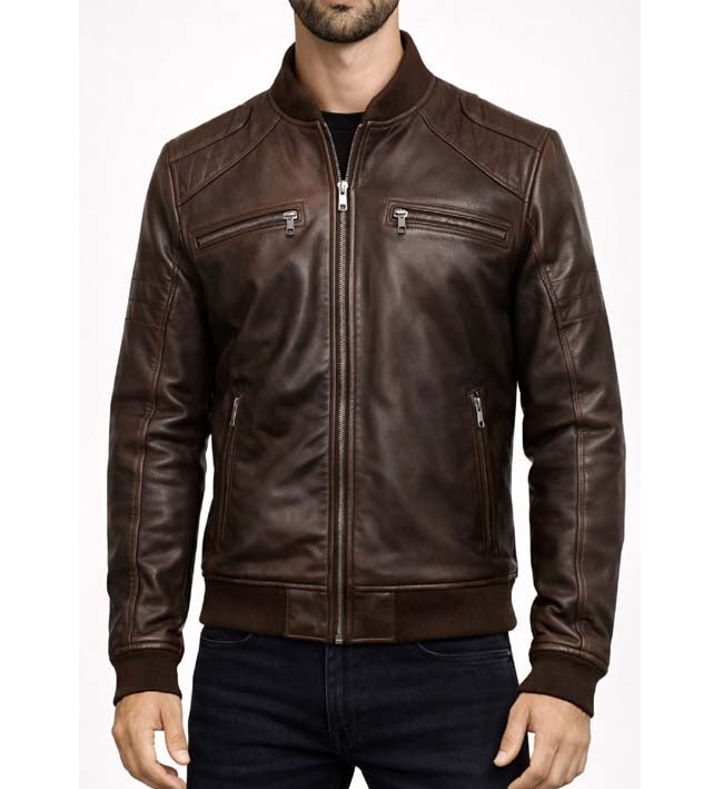 Men’s Dark Brown Leather Bomber Jacket.