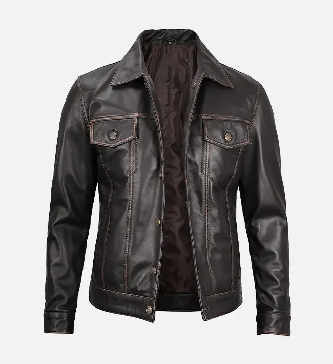Men’s Dark Brown Leather Trucker Jacket.