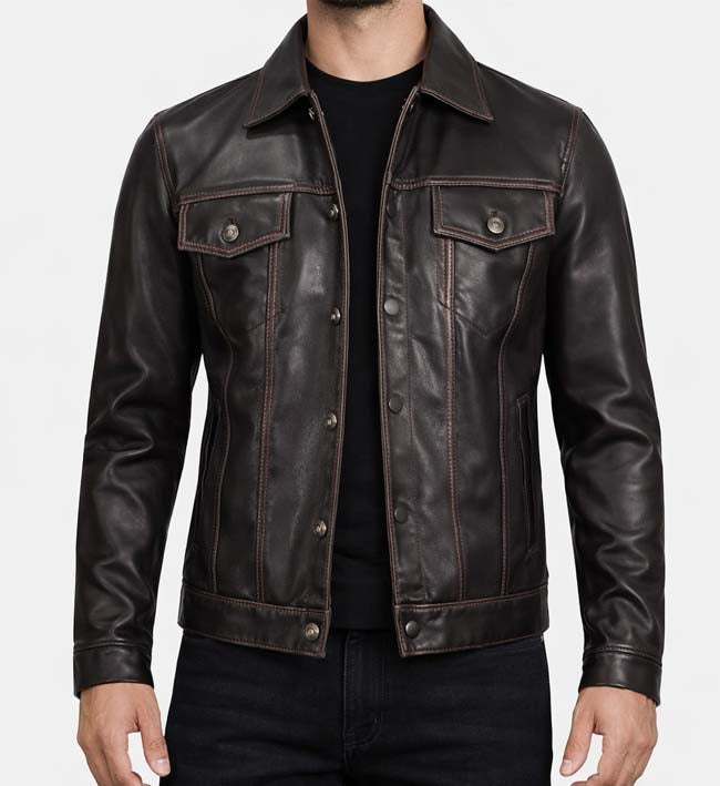 Men’s Dark Brown Leather Trucker Jacket.