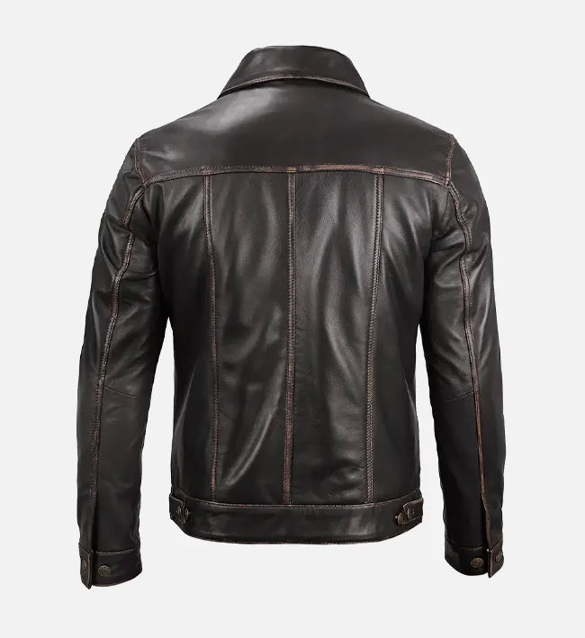 Men’s Dark Brown Leather Trucker Jacket.
