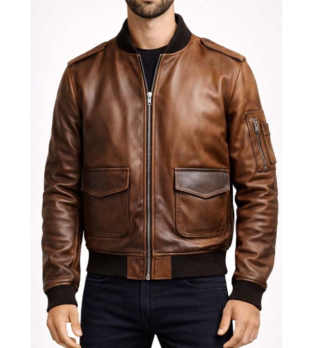 Men’s Distressed Brown Vintage Leather Bomber Jacket.