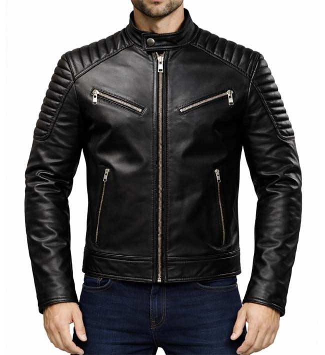Men’s Harvey Black Cafe Racer Leather Jacket.