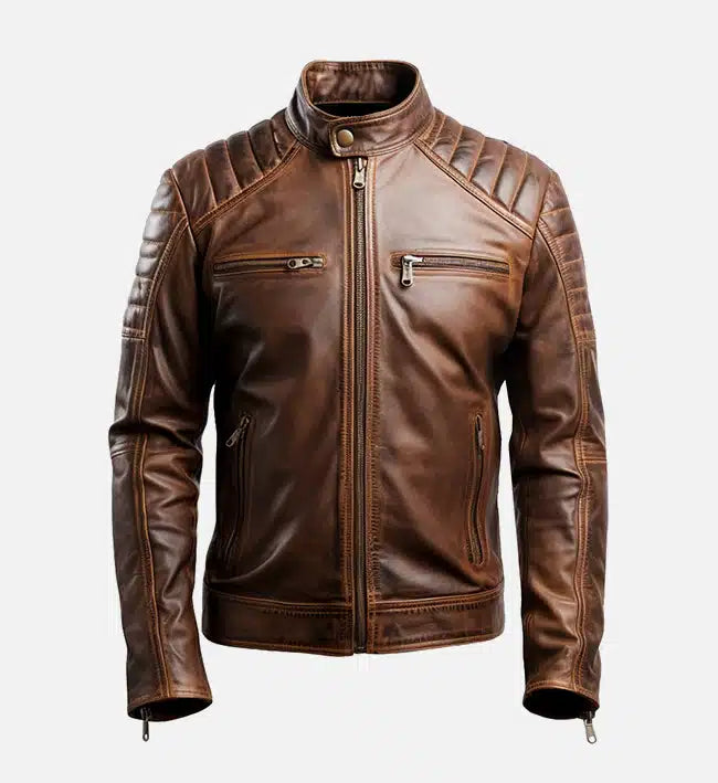 Men’s Leo Distressed Brown Café Racer Jacket.