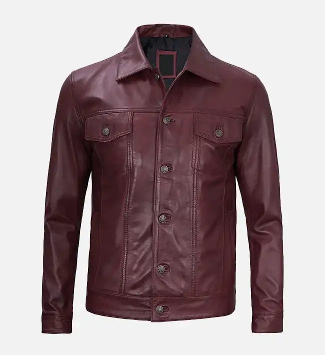 Men’s Maroon Leather Trucker Jacket.