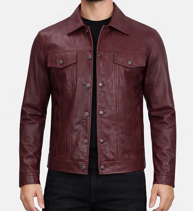 Men’s Maroon Leather Trucker Jacket.