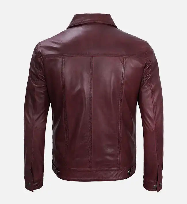 Men’s Maroon Leather Trucker Jacket.