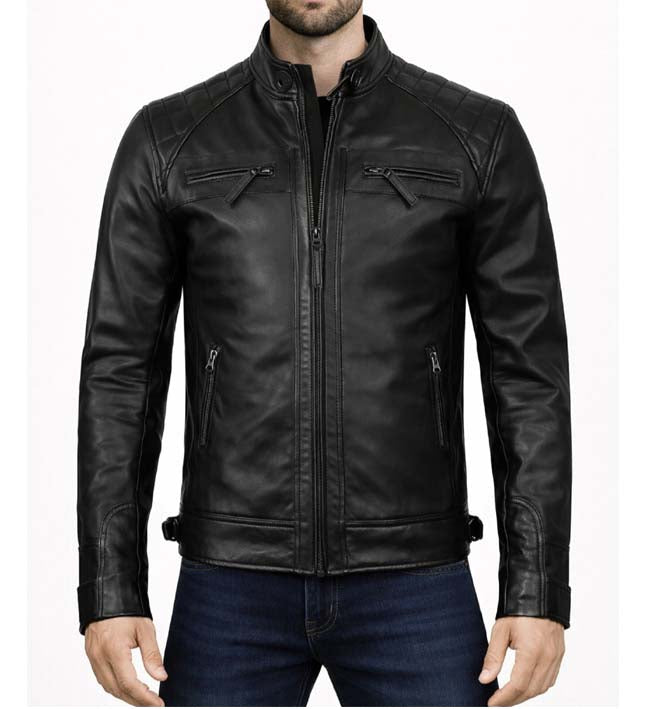 Men’s Premium Black Cafe Racer Leather Jacket.