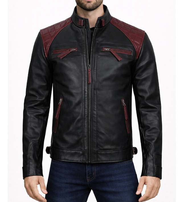Men’s Quilted Black & Maroon Cafe Racer Jacket.