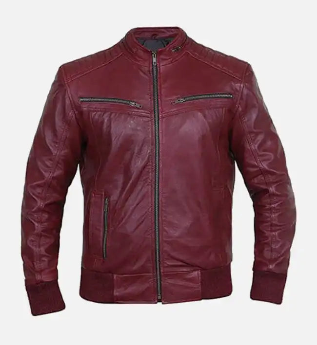 Men’s Red Leather Bomber Jacket.