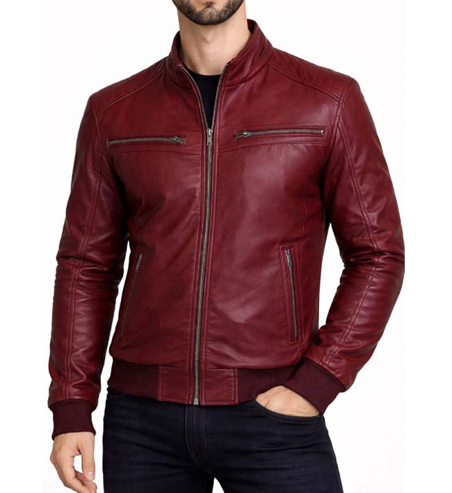 Men’s Red Leather Bomber Jacket.