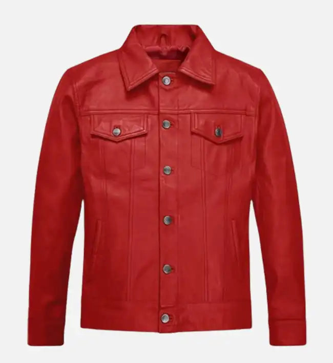 Men’s Red Leather Trucker Jacket.