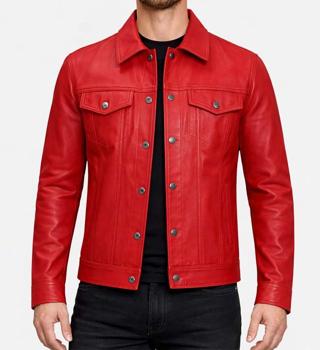 Men’s Red Leather Trucker Jacket.