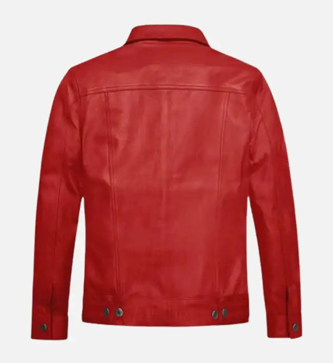 Men’s Red Leather Trucker Jacket.