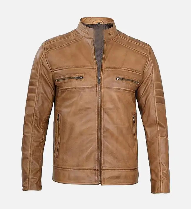 Men’s Tan Rust Brown Biker Leather Jacket.