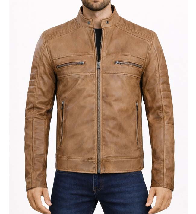 Men’s Tan Rust Brown Biker Leather Jacket.